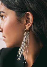 Zlati uhani v obliki obroča z padajočimi srebrnimi verigami različnih dolžin in tekstur. Verige vključujejo bisere in majhne obeske.