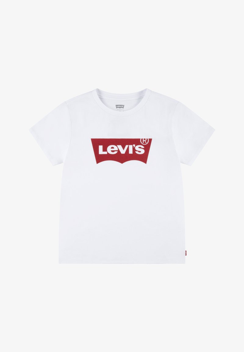 Bílý bavlněný tričko s červeným logem Levi's ve tvaru oblouku na přední straně. Krátké rukávy a kulatý výstřih.