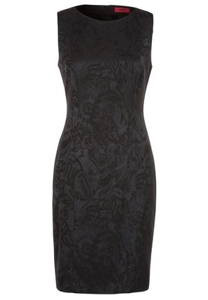 Robe noire cintrée sans manches avec motif jacquard floral subtil et encolure ronde, longueur genou, fermeture éclair au dos.