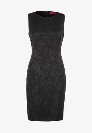 Robe noire cintrée sans manches avec motif jacquard floral subtil et encolure ronde, longueur genou, fermeture éclair au dos.