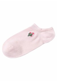 Calzini alla caviglia rosa chiaro con un design di cactus ricamato in verde e rosa, caratterizzati da una texture liscia e una fascia a coste per un migliore adattamento.