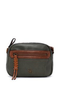 Sac en cuir vert avec des accents marron, poche frontale zippée, détail en cuir tressé et une bandoulière amovible.