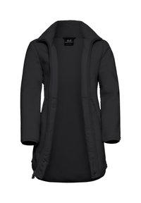 Schwarze Fleecejacke mit strukturiertem Äußeren, langen Ärmeln und offener Front. Verfügt über Seitentaschen und ein glattes Innenfutter.