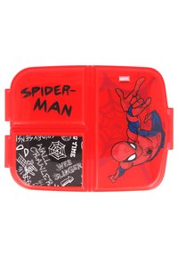 Lunch box di plastica rossa con grafica di Spider-Man su un lato, interno nero con testo bianco e motivi a ragnatela, chiusura a scatto sicura.