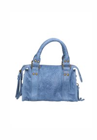 Borsa a mano in finta pelle blu con doppi manici, hardware in ottone, dettaglio con frange laterali, superficie testurizzata e forma strutturata.