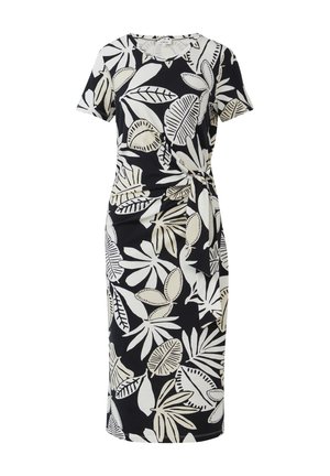 Schwarzes Kleid mit kurzen Ärmeln, das ein weißes Blattmuster aufweist. Das Design umfasst ein seitliches Knotendetail an der Taille und ist aus einem weichen Material gefertigt.
