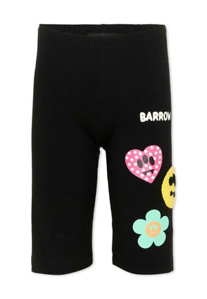 Czarne szorty z kolorowymi naszywkami: różowe serce w kropki, żółta buźka, niebieski kwiat oraz biały napis "BARROW" na prawej uda.