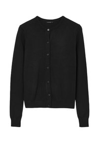 Cardigan nero in tessuto knit, con scollatura rotonda, chiusura a bottoni, maniche lunghe e polsini e orlo a coste. Design semplice.
