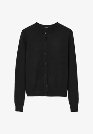 Black cardigan made of knit fabric, featuring a round neckline, button front, long sleeves, and ribbed cuffs and hem. Simple design.