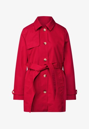 Red trench coat made of lightweight fabric, featuring a pointed collar, front buttons, side pockets, and a waist belt for adjustability.