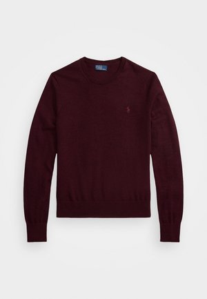 Bordeauxfarbener Pullover mit Rundhalsausschnitt, langen Ärmeln und geripptem Saum. Verfügt über ein kleines gesticktes Logo auf der Brust und besteht aus weichem Material.