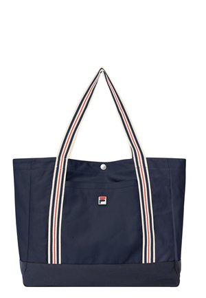 Borsa a mano blu navy con tasca frontale, chiusura con bottone e lunghe cinghie bianche con strisce rosse e blu navy.