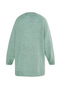 Maglione lavorato a maglia verde chiaro con scollo rotondo, spalle cadenti, maniche lunghe e vestibilità comoda. Superficie strutturata con orlo a costine.