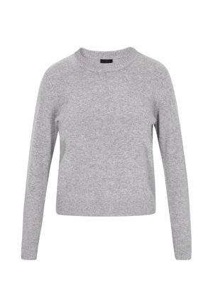 Grå strikket sweater med rund hals, lange ærmer og ribbede kanter. Lavet af blødt materiale med en glat tekstur og enkelt design.
