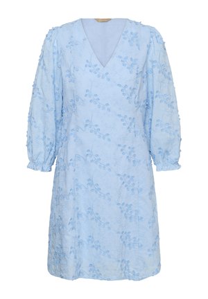 Svetlomodré šaty dĺžky po kolená s nafúknutými dlhými rukávmi, výstrihom do V a textúrovanou kvetinovou výšivkou po celej ploche.