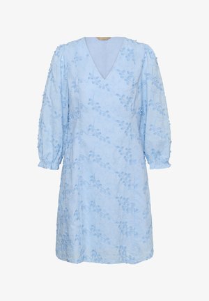 Helehall sinine põlveni ulatuv kleit, millel on läikivad pikad varrukad, V-kaelus ja kogu kleidi ulatuses tekstuurse lillemustriga tikand.