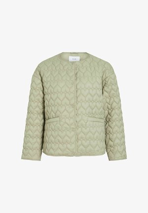 Jasnozielona pikowana kurtka z haftem w kształcie serca, okrągłym dekoltem, zatrzaskami oraz dwiema przednimi kieszeniami.