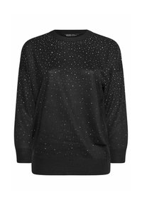 Suéter negro de manga larga con pequeños studs plateados dispersos que forman un patrón de degradado desde los hombros hasta el dobladillo.