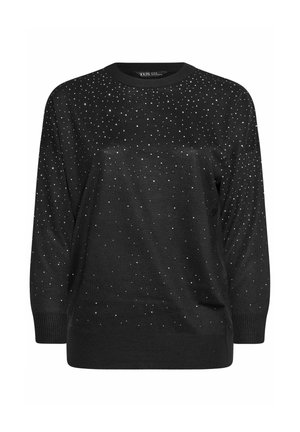 Schwarzer Pullover mit langen Ärmeln, der mit verstreuten kleinen silbernen Nieten verziert ist, die ein Farbverlaufsmuster von den Schultern bis zum Saum bilden.