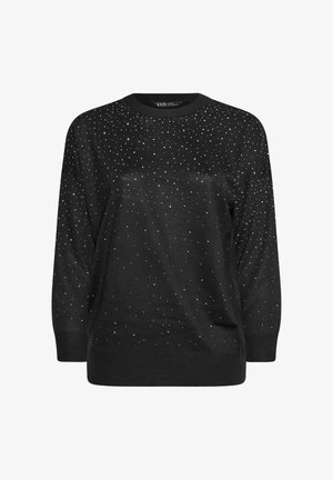 Zwarte sweater met lange mouwen versierd met kleine zilveren studs die een vergraderingpatroon vormen van de schouders naar de zoom.