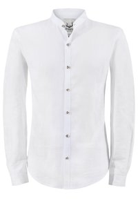 Chemise en lin blanc avec col mandarin, manches longues et fermeture à boutons. Présente une texture subtile et un ourlet arrondi.