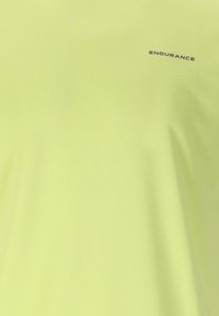 Tissu vert clair avec le texte "ENDURANCE" imprimé en noir sur la partie supérieure de la poitrine d'un t-shirt.