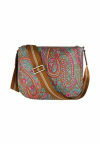 Borsa messenger marrone con motivo paisley, decorata con fiori turchesi e rosa, con tracolla regolabile e dettagli in metallo dorato.