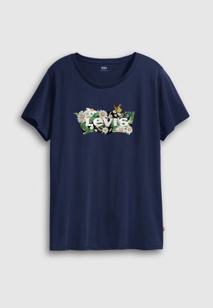 Tricou bleumarin din bumbac, cu un design floral ce include margarete albe și un fluture, și cuvântul "Levi's" scris cu alb.