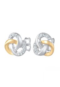 Ohrringe aus Sterling Silber und Gold mit klaren Zirkonia-Akzenten, die eine polierte Oberfläche und ein ineinander verwobenes Design zeigen.