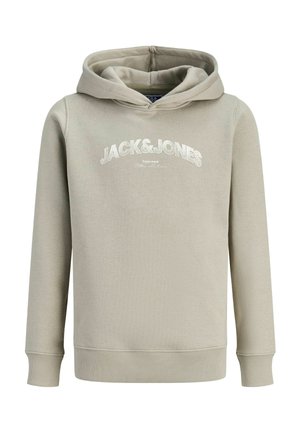 Sweat à capuche beige à manches longues avec texte blanc "JACK&JONES" imprimé sur la poitrine.