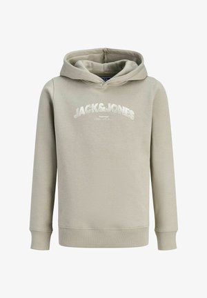 Béžová mikina s kapucňou a dlhými rukávmi s bielym nápisom "JACK&JONES" na hrudi.