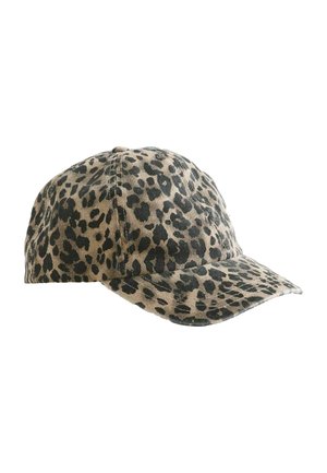 Gorra de béisbol con estampado de leopardo beige y negro, diseño de seis paneles y visera curva.
