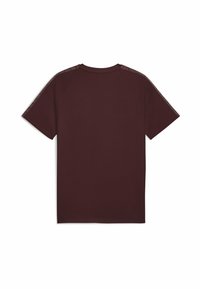 Camiseta de manga corta burdeos, hecha de algodón, con cuello redondo y detalles estampados en los hombros. Diseño sencillo y liso en la parte de atrás.