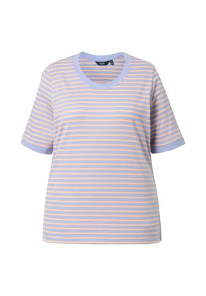 Kurzärmeliges T-Shirt mit hellvioletten und pfirsichfarbenen horizontalen Streifen und rundem Ausschnitt.