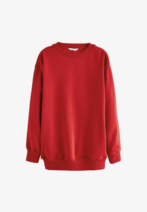 Czerwona bluza z miękkiego materiału, z okrągłym dekoltem, opuszczonymi ramionami oraz ściągaczami przy rękawach i u dołu, charakteryzująca się gładką fakturą.