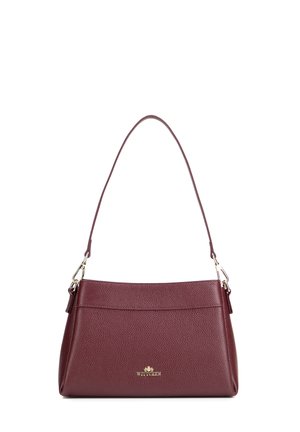 Sac bandoulière en cuir bordeaux avec des ferrures dorées et une seule sangle, avec un petit logo doré au centre avant.