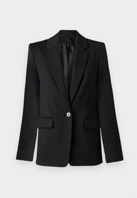 Musta yksinappinen bleiseri, jossa on lovet, pitkät hihat, kaksi etuflappitaskua ja sileä vuoritus.