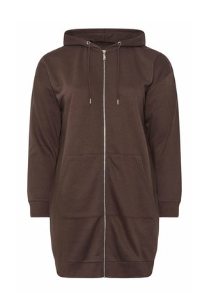 Langes braunes Hoodie-Kleid mit Reißverschluss, aufgesetzten Taschen vorne, Kordelzugkapuze sowie gerippten Bündchen und Saum.