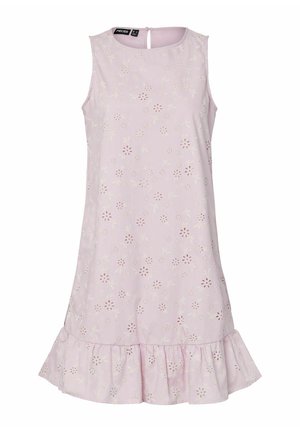 Sleeveless light pink dress with floral cutout patterns and ruffled hem, round neckline, and back button closure.