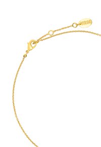 Złoty naszyjnik z cienkim łańcuszkiem i zapięciem typu lobster. Posiada owalną zakładkę wygrawerowaną słowem "WAGA". Gładka powierzchnia, delikatne ogniwa.