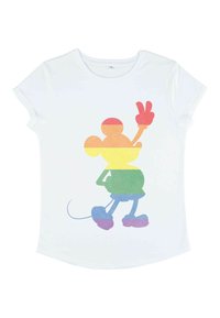 Bílý tričko s mnohobarevným gradientem duhy a grafikou kreslené myši, která dává znamení míru. Krátké rukávy, měkká bavlna.