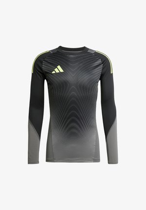 Langärmliges Sporthemd in Schwarz und Grau mit einem strukturierten geometrischen Muster, das gelbe Akzente und einen Rundhalsausschnitt aufweist.