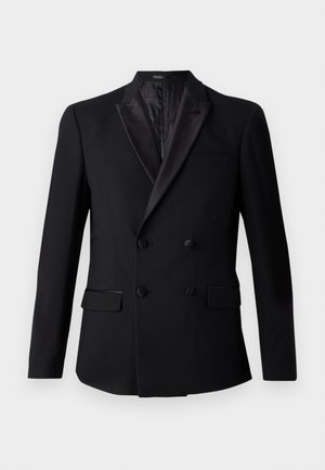 Fekete, dupla soros blézer, selyem hatású, kicsípett gallérral, két elülső zsebbel és texturált bélésse. Testre szabott fazon és sima anyag.