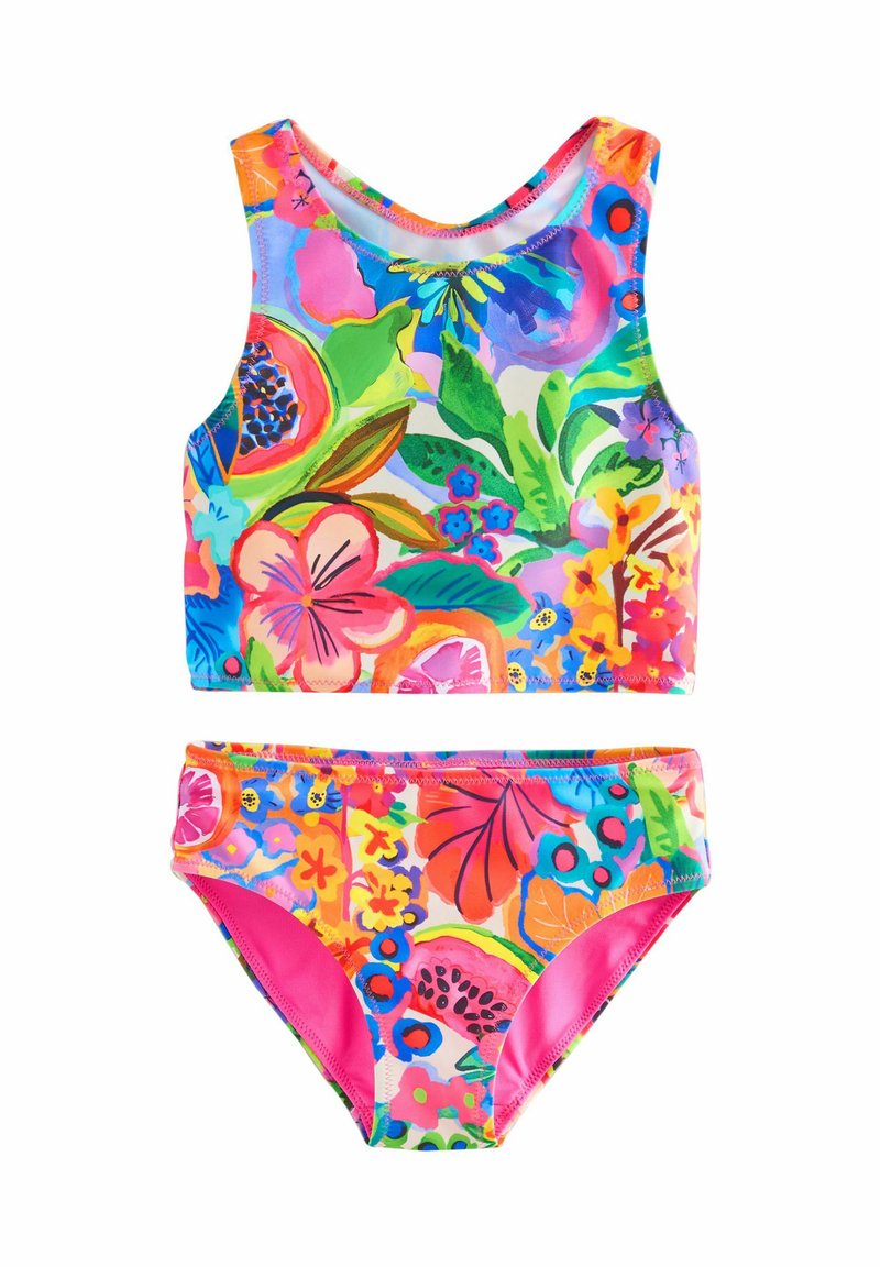 Zweiteiliges Bikini-Set mit einem farbenfrohen Blumenmuster in lebhaften rosa, blauen und grünen Farbtönen; gefertigt aus glattem, elastischem Stoff.