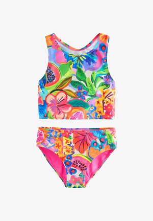 Zweiteiliges Bikini-Set mit einem farbenfrohen Blumenmuster in lebhaften rosa, blauen und grünen Farbtönen; gefertigt aus glattem, elastischem Stoff.