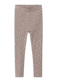 Leggings rosa a coste con una piccola stampa floreale, dotati di una vita elastica piatta, progettati per comfort e flessibilità.