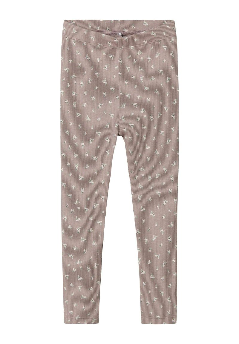 Leggings rosa a coste con una piccola stampa floreale, dotati di una vita elastica piatta, progettati per comfort e flessibilità.