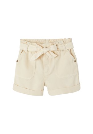 Beige cotton shorts with rolled cuffs, front pockets, elastic waistband, and a tied fabric belt at the waist.