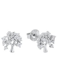 Silverörhängen i form av träd, prydda med klara ädelstenar, med en polerad yta och säkra fjärilsspänen.