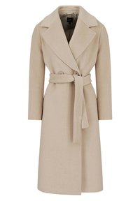 Beige Wollmischung Mantel mit Reverskragen, doppelt-knöpfigem Front und gebundenem Taillengürtel. Verfügt über lange Ärmel und ein gerades Schnittdesign.